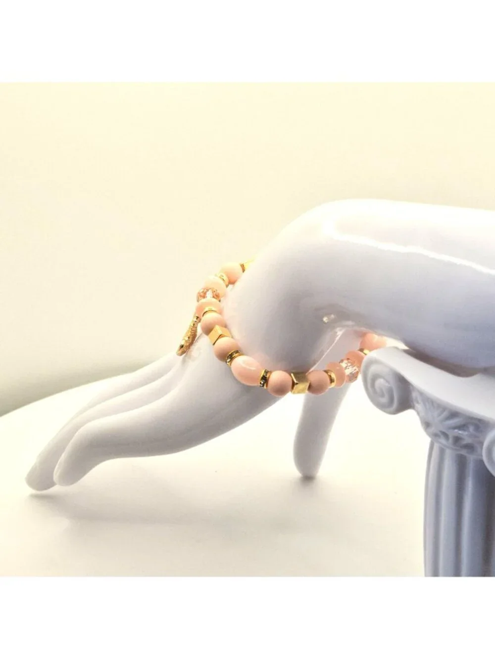 Pink And Gold Tone Beaded Stretch Bracelet With Seahorse Charm